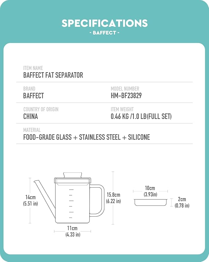 Baffect Glass Fat Separator, Bacon Grease Container with Strainer, Frying Oil Storage Can for Cooking (1L /4 Cups)