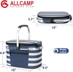 ALLCAMP Picnic Basket - Insulated Cooler, Thickening Foldable Picnic Basket with Removable Baskets & Sewn-in Frame, Basket for House Warming Gifts New Home(Blue and White)