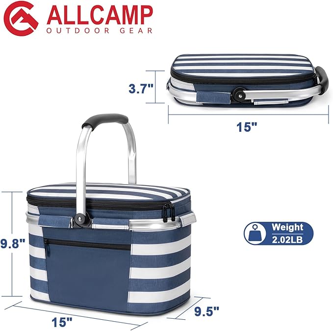 ALLCAMP Picnic Basket - Insulated Cooler, Thickening Foldable Picnic Basket with Removable Baskets & Sewn-in Frame, Basket for House Warming Gifts New Home(Blue and White)