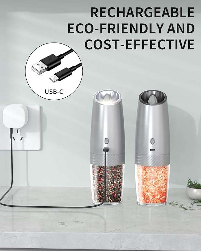 CIRCLE JOY Gravity Electric Salt and Pepper Grinder Set with 2-Speed, Rechargeable Salt and Pepper Grinder Set, Adjustable Coarseness, Whiet LED Light