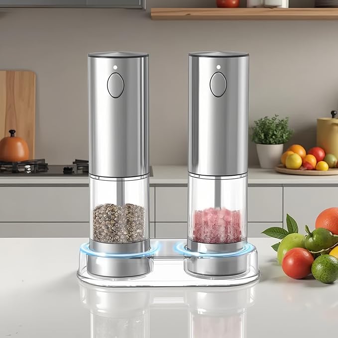Electric salt and pepper grinder set with LED light. With USB port. Stainless steel automatic refillable 5 adjustable coarseness grinder