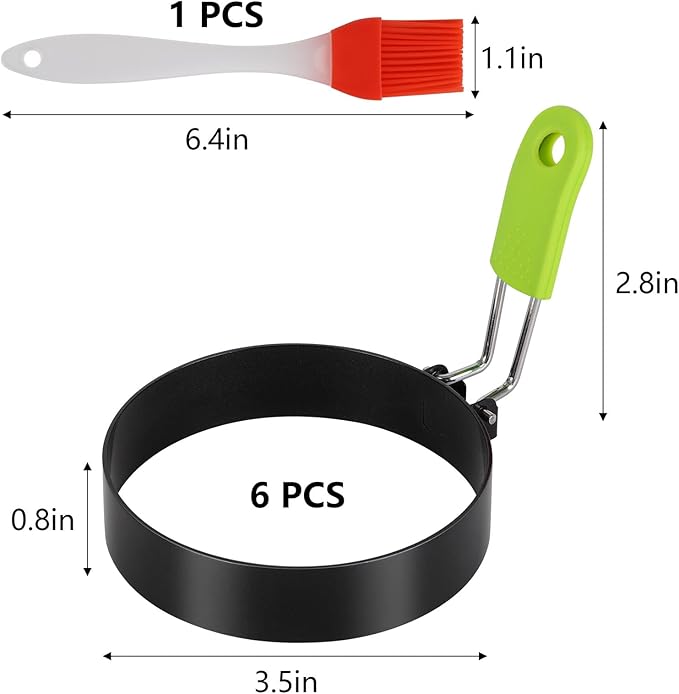 6 Pcs 3.5" Egg Rings with Silicone Handle, Round Pancake Mold with Silicone Oil Brush for Frying Eggs, English Muffins, Indoor Camping Breakfast Sandwiches