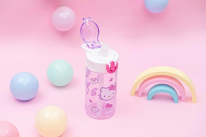 Zak Designs Sanrio Sage Kids Water Bottle For School or Travel, 16oz Durable Plastic Water Bottle With Straw, Handle, and Leak-Proof, Pop-Up Spout Cover (Hello Kitty)