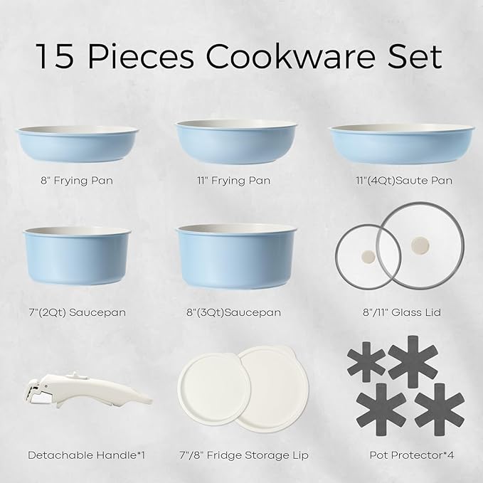 15Pcs Pots and Pans Set Non Stick, Cookware Sets with Detachable Handle, Nonstick RV Kitchen Cooking Tools Removable Handles, Oven Safe, Induction Fast, Stackable Induction Cookware, Blue