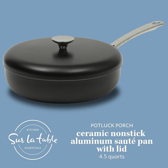 Sur La Table Kitchen Essentials Potluck Porch 4.5 Quart Sauté Pan, Deep Frying Pan Skillet w/Lid Aluminum PFA Free Ceramic Cookware Chef's Pan, Omelet Pan - Induction - Black