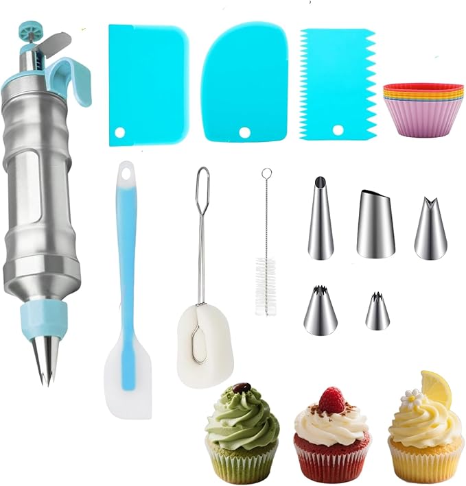 Dessert Decorating Syringe Set, Cake Frosting Piping Kit Stainless Steels Cupcake Icing Piping Kit with 6 Nozzles, 4 Scraper, 6 Silicone Cake Liners, 2 Cleaning Brush for DIY Cake Decoration, Blue