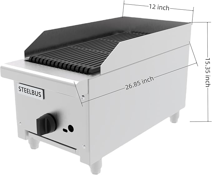 12 Inch Commercial Gas Charbroiler, Countertop Stainless Steel Grill with 1 Burner 28000 BTU, Heavy Duty Restaurant BBQ Broiler, Natural Gas/Propane, Adjustable Knob, Durable Cast Iron Grates