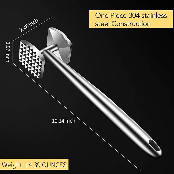 Aliglow Meat Tenderizer 304 Stainless Steel Meat Hammer/Mallet Tool/Pounder For Tenderizing and Pounding Steak, Beef And Poultry. Solid Metal Construction