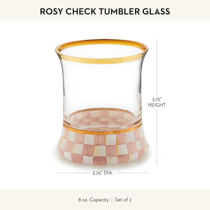 MACKENZIE-CHILDS Tumbler Glasses, Elegant Drinkware, Glasses with Gold Rim, 8 Ounces, Set of 2, Pink-and-White Rosy Check