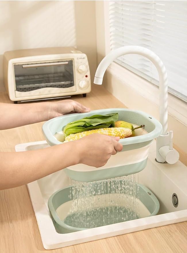 2pcs Folding Colander Bowls Strainers for Kitchen, Double Layer Drain Basket and Fruits Bowl, Multipurpose Food Prep Container for Pasta, Spaghetti, Vegetables, & Fruit Draining (GREEN)