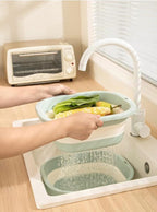 2pcs Folding Colander Bowls Strainers for Kitchen, Double Layer Drain Basket and Fruits Bowl, Multipurpose Food Prep Container for Pasta, Spaghetti, Vegetables, & Fruit Draining (GREEN)