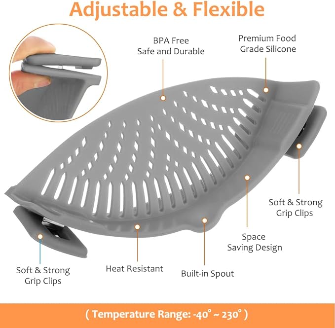 YEVIOR Clip on Strainer for All Pots Pan,Silicone Pasta Strainer Kitchen Gadgets,Collapsible Colander for Noodle,Vegetables,Fruit,Spaghetti (Grey)