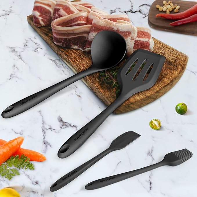 Kitchen Utensil Set - 11 Cooking Utensils - Colorful Silicone Kitchen Utensils - Nonstick Cookware with Spatula Set - Colored Best Kitchen Tools Kitchen Gadgets (Black)