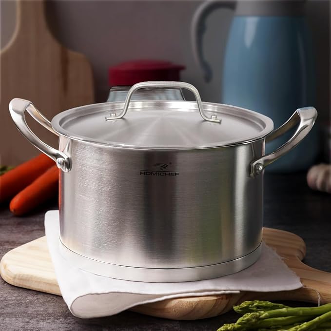 HOMICHEF 3.5QT Silver Nickel Free Stainless Steel Stockpot with Lid - Matte Polished, 8 Inch Wide, 7.6MM Thick Base, No Non-Stick Coating, 4.5 lbs