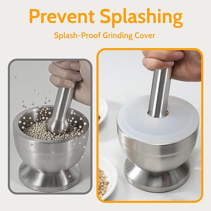 Mortar and Pestle, Sopito 18/8 Stainless Steel Spice Grinder Pill Crusher with Lid for Crushing Grinding Ergonomic Design with Anti Slip Base and Comfy Grip