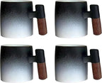 2-Oz Ceramic Espresso Cups with Wood Handle, 2/4-Piece Set for Coffee, Tea, Latte - Dishwasher Safe, Multi-Color & Wood Styles, Gift & Café Use (black white, Wooden Handle4)