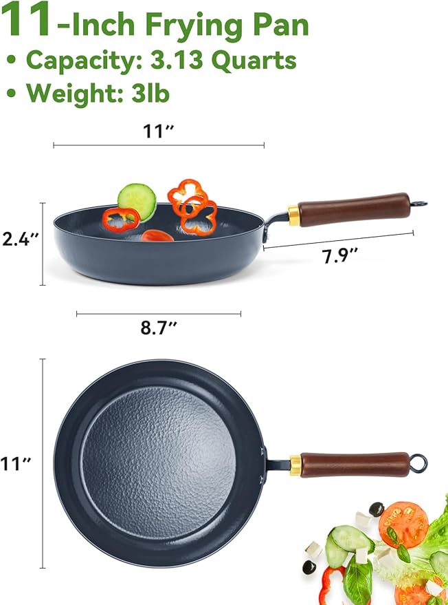 Nonstick Frying Pan, 11-Inch Enameled Carbon Steel Pan, Stay-Cool Wooden Handle Stir-Fry Pan, Non Toxic, PTFE & PFOA Free Oven-Safe, Season-Free Carbon Steel Skillet For All Stovetops
