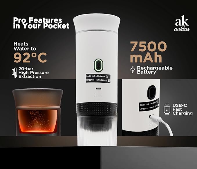 3-in-1 Portable Coffee Maker – Electric Espresso Machine for Travel – Compatible with Ground Coffee, NS & DG Capsules – USB-C Rechargeable Portable Espresso Maker (White)