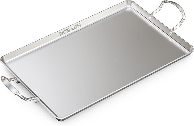Stainless Steel Double Griddle for Gas or Electric Double Burner Cooktop, 18'' x 11.5'' Non-Stick Stove Top Flat Griddle Grill Pan Skillet for Indoor Medium or Low Heat Dual Burner Stove