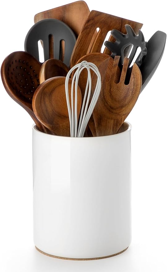 Nucookery Utensil Holder, 6.4" Ceramic Kitchen Utensil Holder with Countertop-Protection Cork Bottom, Farmhouse Kitchen Decor for Counter, Gift (White)