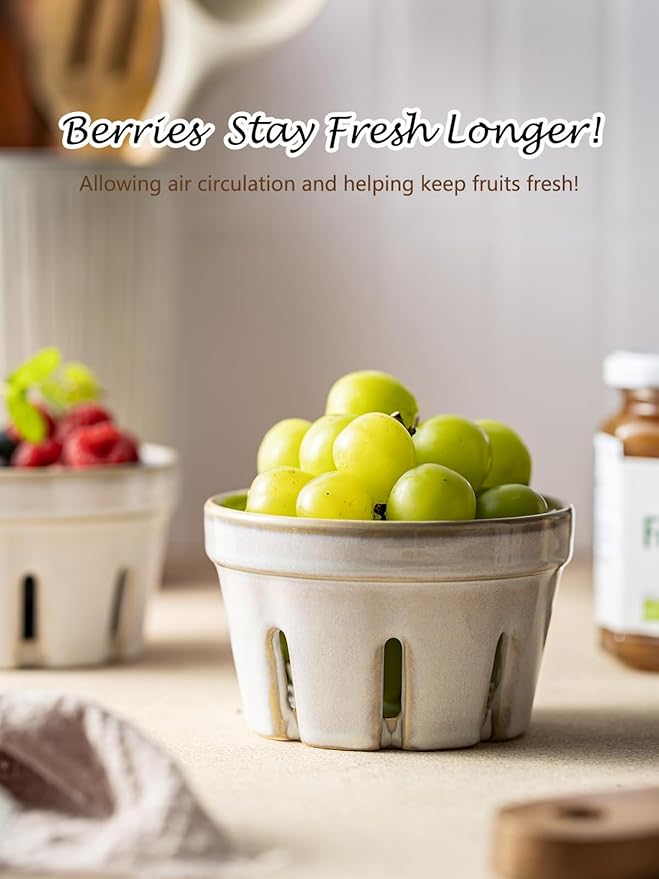 Gomakren Ceramic Berry Basket Set of 2, Round Fruit Bowl with Holes, Small Fruit Basket Containers for Kitchen Counter, Berries, Strawberry, Grape, Cherry, White