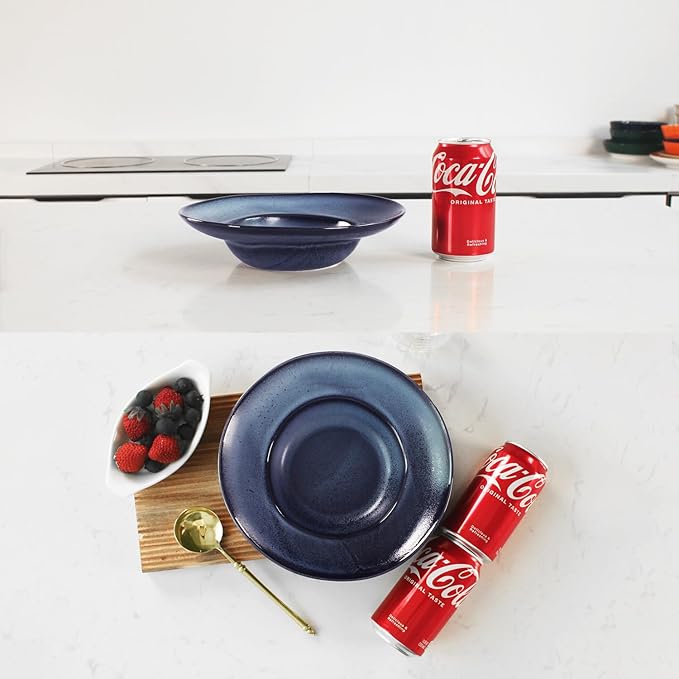 Rimmed Pasta Plate 9.5 oz, Pasta Bowl 2-Piece Set, Shallow Bowl Plate, Ceramic Wide Rimmed Soup Bowl, Best Choice for High-end Restaurants, Hotels and Gourmets, 9-inch Blue