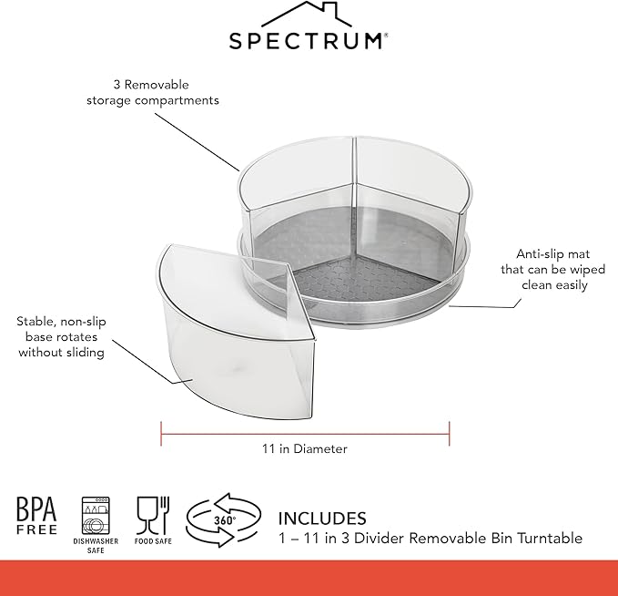 Spectrum Lazy Susan Organizer, Hexa 3 Divider with Removable Bins 11" - Lazy Susan Turntable for Cabinet, Refrigerator, Pantry, Table, & Shelf - Rotating & Spinning Pantry Organization & Storage