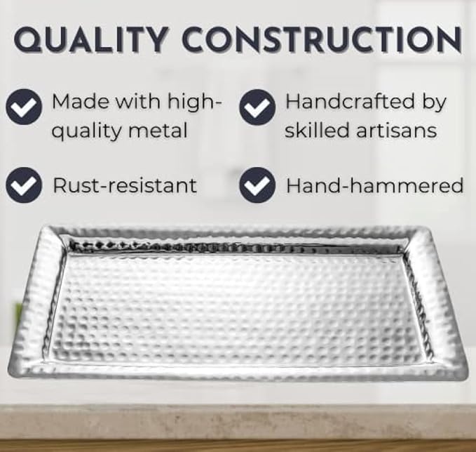 Monarch Abode Hand Hammered Metal Serving Tray, 16-Inch Nickel Finish – Rectangle Serving Platter, Large Serving Tray for Party, Fruit Platter, Dessert Trays, Serving Dishes