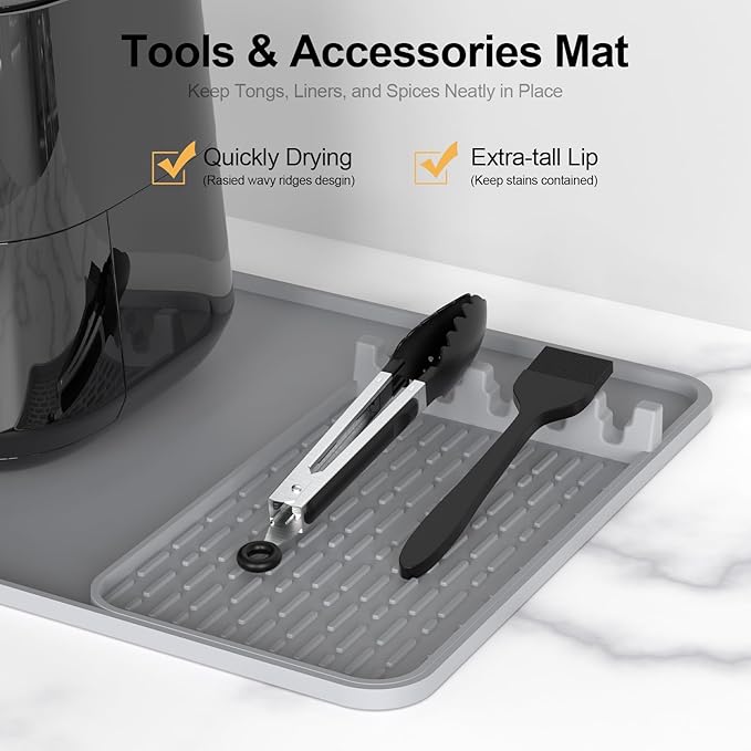 Silicone Heat Resistant Mats for Countertop,24x16 Inch Air Fryer Mat with Kitchen Accessories Holder Pad for Microwave/Oven,Compatible with Ninja/Cosori/Chefman/Toshiba,Kitchen Countertop Protector