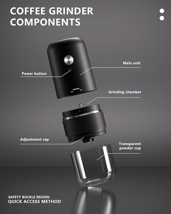 Portable Electric Coffee Grinder，Automatic Coffee Grinder with USB Type-C wireless charging design，Adjustable Coarse to Fine for coffee beans, grains, cleaning brush + cable Includes (black)
