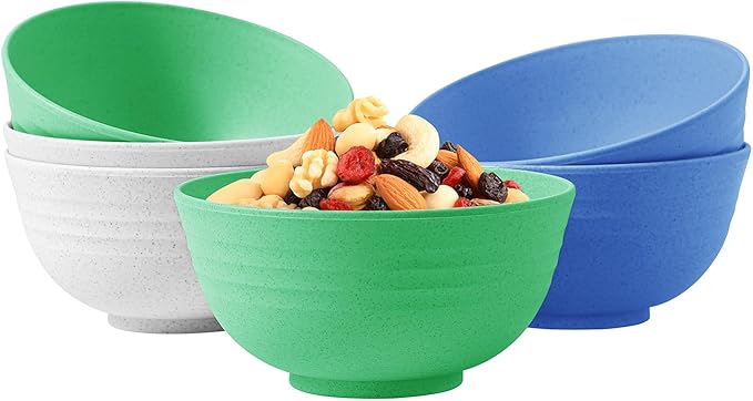 PYRMONT Wheat Straw Cereal Bowls Set, 6 Unbreakable 26 OZ Reusable Plastic Bowls for Kitchen, Dishwasher & Microwave Safe, Serving Soup, Salad, Oatmeal, Ramen, Noodles, Camping