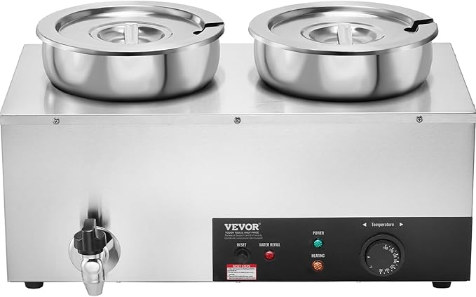 VEVOR Electric Soup Warmer, Dual 7.4QT Stainless Steel Round Pot 86~185°F Adjustable Temp, 1200W Commercial Bain Marie with Anti-Dry Burn and Reset Button, Soup Station for Restaurant, Buffet, Silver