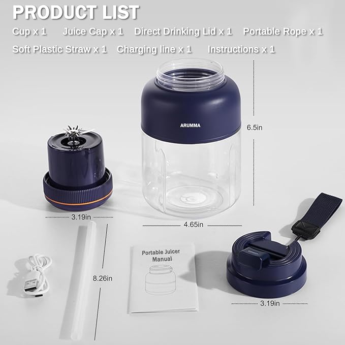 Portable Smoothie Blender for Smoothies & Shakes 43oz 1300ML USB Charging Cordless Powerful Blades Blending Portable Juice Cup Blender for Small Ice Fruit Vegetable Crush Kitchen Gym Outdoor