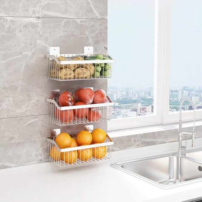 2PCS Kitchen Storage Metal Wire Fruit Basket - SUS304 Stainless steel Organizer Storage Bin Baskets for Bathroom - Space Saving Design for Pantry Organization, Spice Rack,Self Adhesive（Silver）