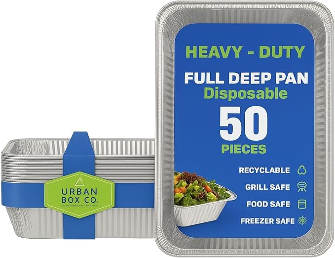 Urban Box Co. Full Size Deep Aluminum Foil Tray - 21x13 Steam Table Chafing Pan, Heavy Duty, Disposable for Restaurants, Caterers. Ideal for Roasting, Cooking (50, No Lid)