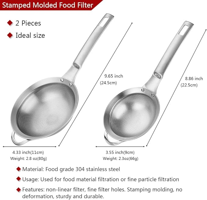 Punch Hole Sieve Fine Mesh Stainless Steel Small Colander Strainer With Handle Metal Micro Sifter Set of 2 for Kitchen Baking and Food Filter Rice,Tea,Pasta,Flour,Juice,Mini 3.55 and 4.33 Inch