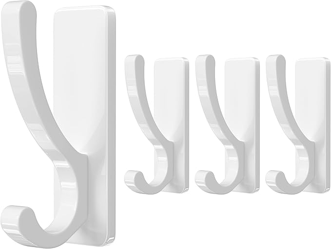 Adhesive Wall Hooks for Towels Coats - Stick On Hooks Hanging Heavy Duty (13lb), Metal Hook for Door, Bathroom, Dorm, Closet - Hanger for Purse, Bag, Robe,Backpack - No Damage to Wall - White 4 Pack