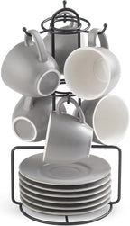 YHOSSEUN Porcelain Espresso Cups Set and Metal Stand 3 OZ Demitasse Cup For Coffee Shot, Mugs for Latte, Cafe Mocha, Cappuccino, and Tea, Serve for 6 Gray
