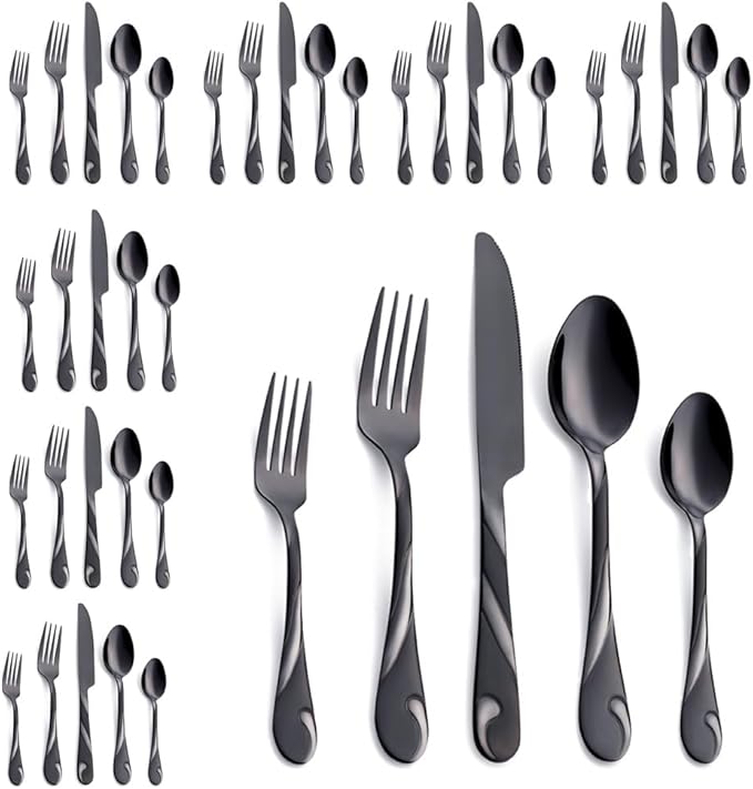 Black Silverware Set for 8, 40-Piece Stainless Steel Flatware Set, Shiny Black Metal Cutlery Set, Include Fork, Knife and Spoon Set, Dishwasher Safe