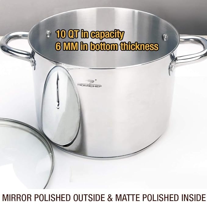 HOMICHEF 10 Quart Stock Pot With Glass Lid - Nickel Free Stainless Steel 10 Qt Pots With Handle - Mirror Polished StockPot 10 Quart - Induction Cooking Pots With Lid - Healthy Soup Pot