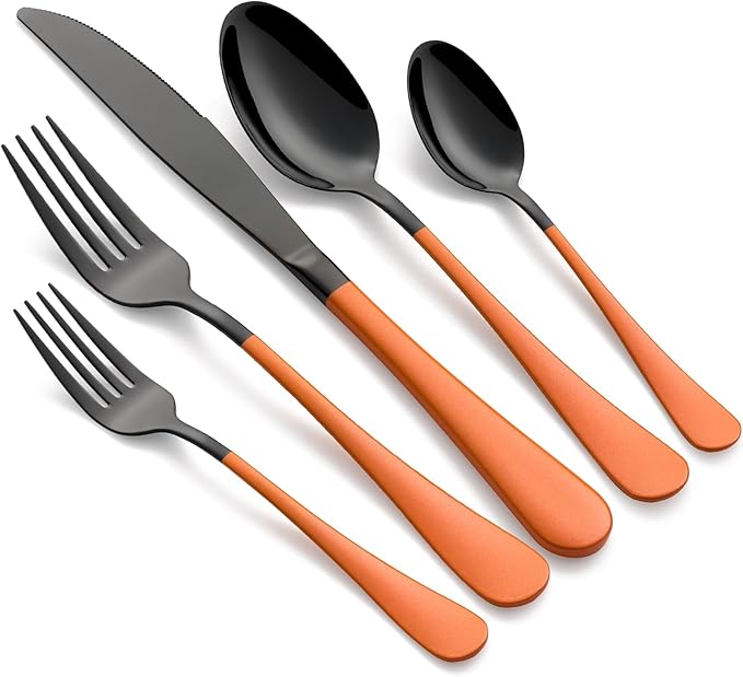 20-Piece Pink and Black Stainless Steel Silverware Set - Dinner Knives, Forks, Spoons - Dishwasher Safe