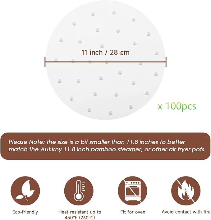100 PCS Bamboo Steamer Liner, 11 Inch Round Air Fryer Parchment Paper with Holes, White Non-Stick Steamer Paper Sheet