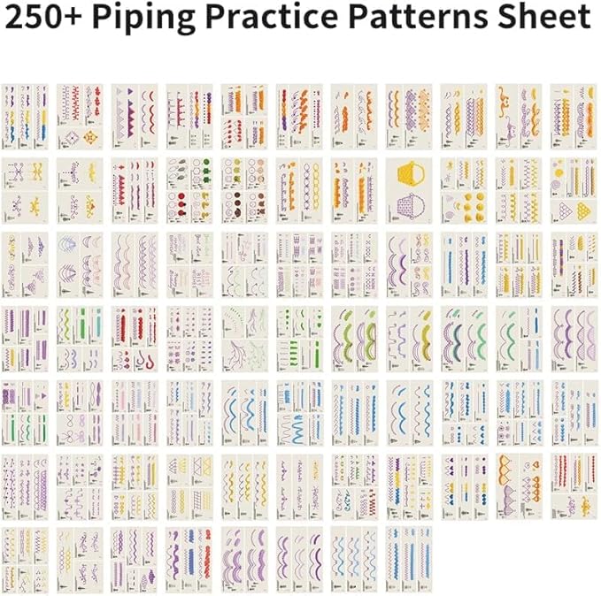 Piping Practice Board Guide Paper Sheets 250+ Icing Practice Sheets Set Cake Decorating Tips Techniques Tutorial (250+ Pattern/Waterproof)