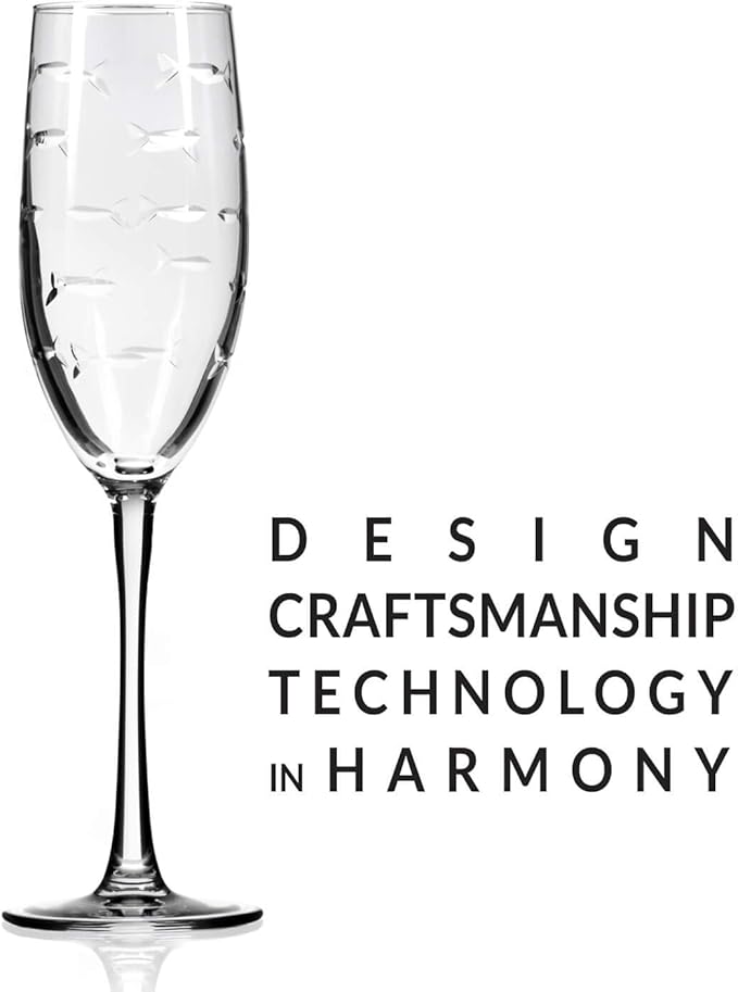 Rolf Glass School of Fish 8oz Champagne Flute Glass | Toasting Flute Glasses | Lead-Free Glass | Etched Flute Glasses | Proudly Made in the USA (Set of 2)