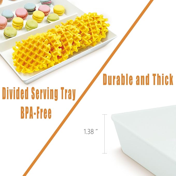 Divided Serving Tray Platter, 8 Pack 15" x 10" Fruit Veggie Food Tray for Party, Plastic Serving Trays for Appetizer, Snack, Dessert, Cookie, Brunch Decorations Platters, White Trays BPA-Free