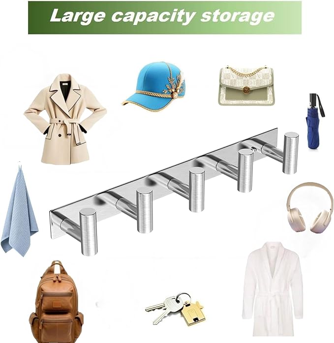 Wall Mounted Coat Rack-5 Hooks, Heavy Duty Stainless Steel Hook Rail for Towel Coat Hat Purse Bag Jacket, Towel Hooks for Entryway Bathroom Kitchen (Silvery 5 Hooks - 1 Pack)