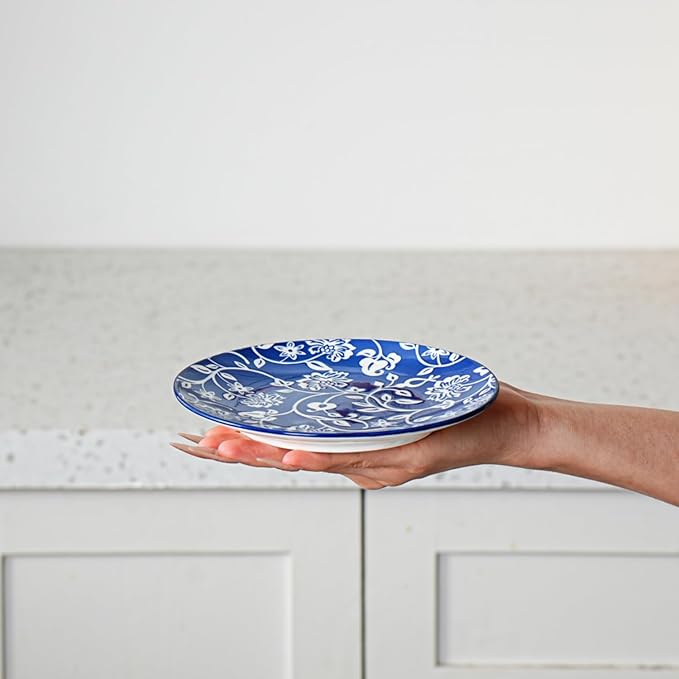 Ceramic Dessert Plates Set - 6 Inch Small Appetizer Plates for Kitchen - Salad Plate for Cake Snacks Side Dish, Microwave Dishwasher Safe, Gift, Vintage Blue