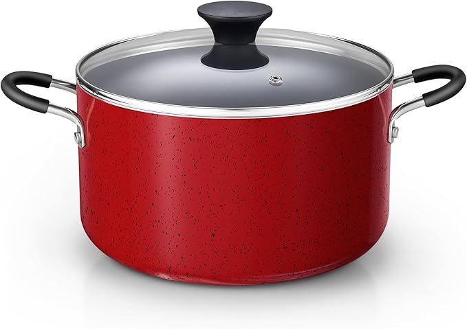 Cook N Home Nonstick Stockpot with Lid 6-Quarts, Professional Cooking Soup Pot, Casserole Cookware, Marble Red