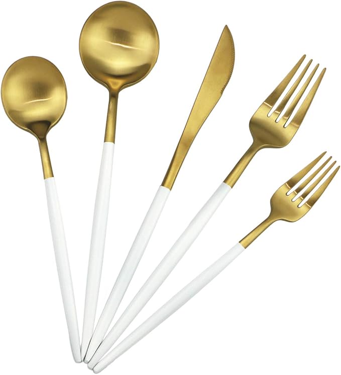 White Handle Matte Gold Silverware Set,Gugrida 5-Piece 18/10 Stainless Steel Satin Finish Flatware Set,Kitchen Utensil Set,Tableware Travel Cutlery Set for Camping Office Lunch, Dishwasher Safe