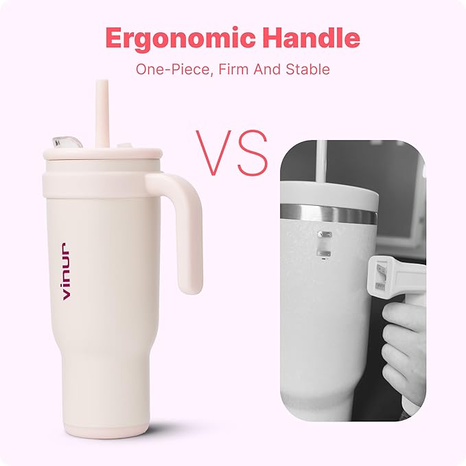 VINUR 40 oz Insulated Tumbler with Handle|Leak-Proof Lid|18/8 Stainless Steel Vacuum Coffee Mug Cup for Travel with Rubber Base | Cup Holder Friendly| Gifts for Women, Cream